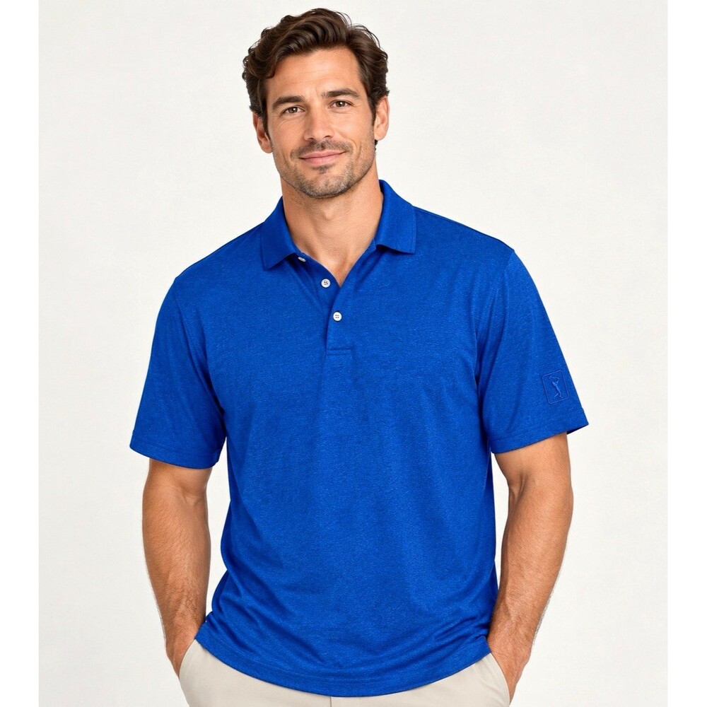 PGA TOUR Men’s M Blue Short Sleeve Collared Solid Polo Shirt Logo Button